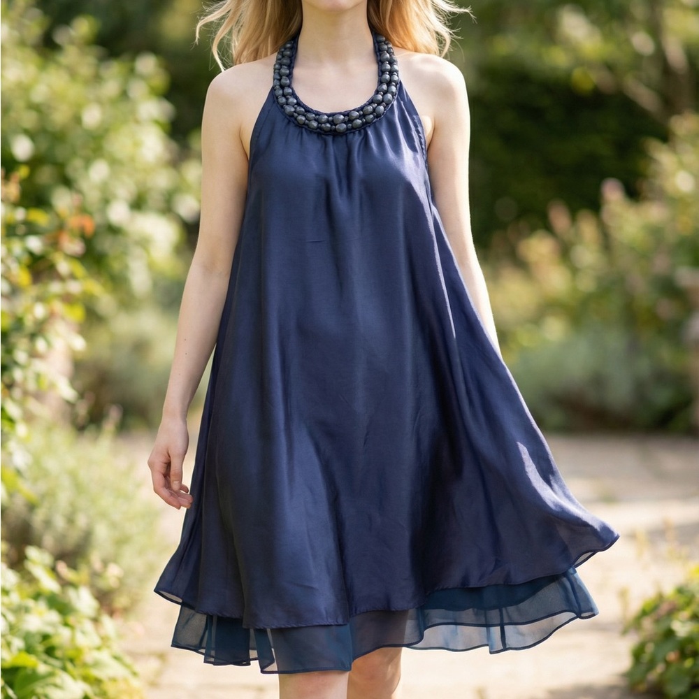 Navy Backless Halter Swing Dress - Women